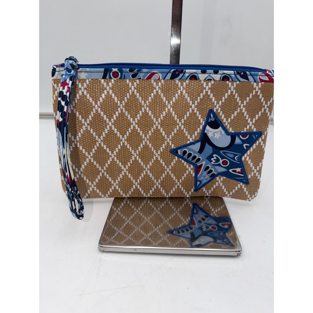 Vera Bradley Woven Straw Star Wristlet Pouch Tan Blue Paisley Diamond Lattice